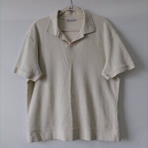 Zara Womens Ivory Short Sleeve Collared Ribbed Textured Polo Shirt Size Large